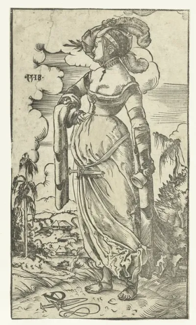 Dwaze maagd met uitgedoofde olielamp in landschap