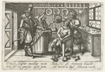 Dwaze man wordt door de barbier ontdaan van de nar die uit zijn hoofd groeit
