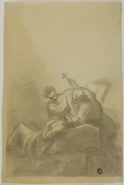Dying Man Attended By Two Figures Holding Candle, Book and Cross
