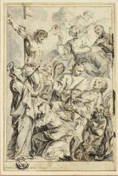 Dying Man Being Consoled by Christ on the Cross, Virgin and Saints