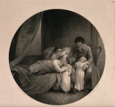 Dying parents taking leave from their children on their deathbed, leaving them in the care of their uncle