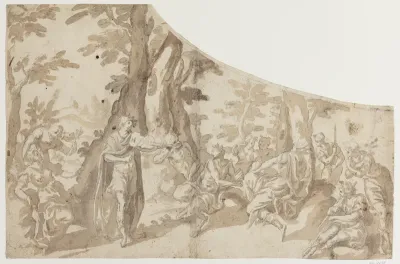 Dysten mellem Apollon og Marsyas. Låg til et cembalo