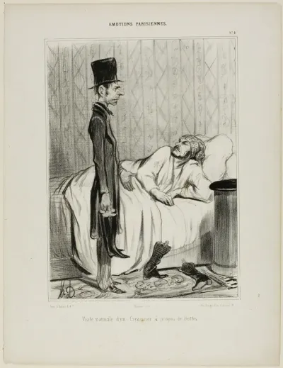 Early morning visit of a creditor concerning the boots, plate 4 from Émotions Parisiennes