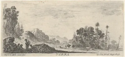 Earth, four figures in foreground to left, hills to left in the background, many trees to right in the background, a horseman in center in the background, from "The Four Elements" (Les Quatre Eléments)