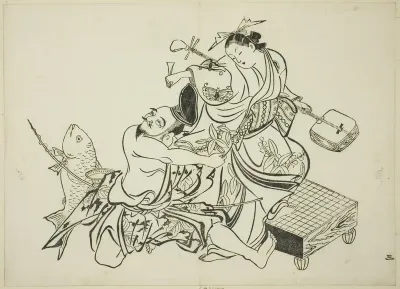 Ebisu flirting with a courtesan, no. 3 from a series of 12 prints