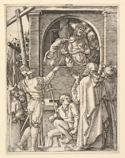 Ecce Homo: Christ wearing the crown of thorns standing in a loggia presented to a crowd, from "The Passion of Christ", after Dürer