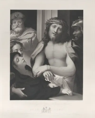 Ecce Homo, with Pontius Pilate behind him at left, the Virgin fainting at lower left, and a soldier at right