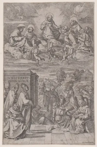Ecclesiastics in a landscape writing, other in the heavenly realm above