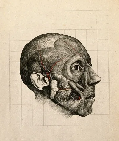 Écorché head of a man, subcutaneous level, seen in profile, with blood vessels indicated in blue and red