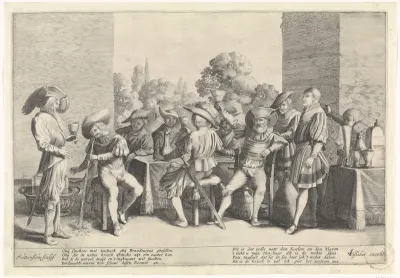 Edellieden rond een rijk gedekte tafel