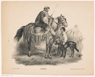 Edelman te paard en bedelende jongen