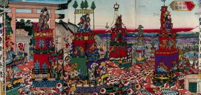 Edo (Tokyo): Kanda Festival Procession: four large, elaborately decorated floats are shown being pulled through the city