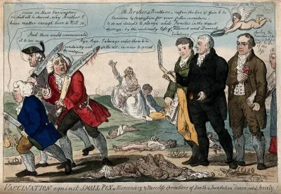Edward Jenner and two colleagues seeing off three anti-vaccination opponents, the dead smallpox victims are littered at their feet