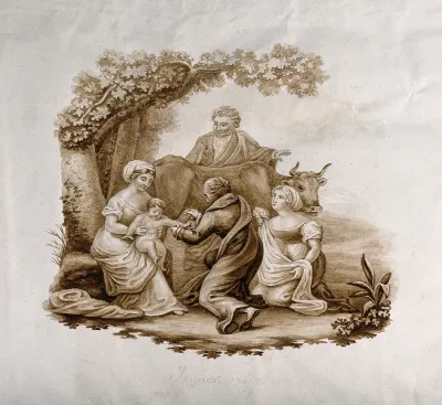 Edward Jenner, dressed in antique robes, vaccinates a baby on its mother's lap, shaded by a tree; around, a cow, cowherd and nurse