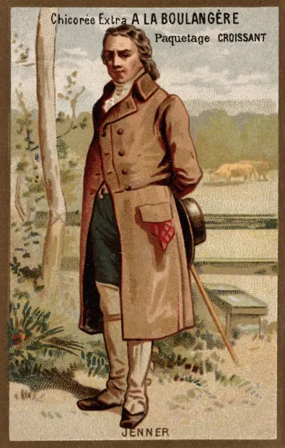 Edward Jenner, standing, a field with cows behind