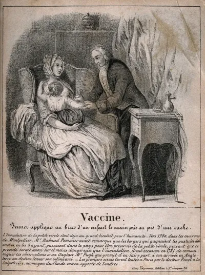 Edward Jenner vaccinates a young child on its mother's lap: prosperous domestic interior