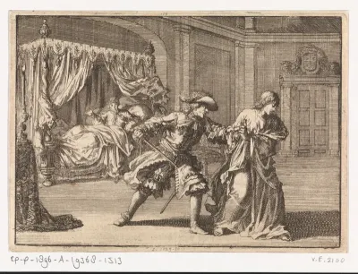 Een als engel verklede Jezuïet wordt ´s nachts ontmaskerd wanneer hij Filips Willem van de Palts tegen ketters wil opstoken, 1687
