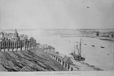 Een aquarel van Derk Anthony van de Wart (10-6-1767 - 8-4-1824): het gezicht vanaf de Belvédère in Noord-Westelijke richting met links het Valkhofpark en rechts de rivier de Waal