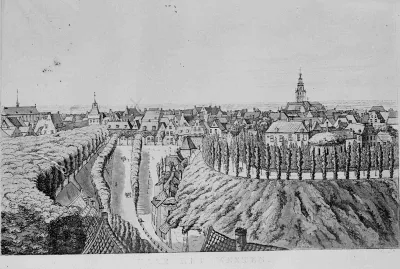 Een aquarel van Derk Anthony van de Wart (10-6-1767 - 8-4-1824): het gezicht vanaf de Belvédère in Westelijke richting met v.l.n.r. het Kelfkensbos, de Voerweg en het Valkhofpark met op de achtergrond links de Mariënburgkapel en de Burchtpoort en rec