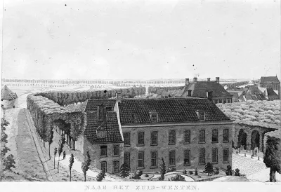 Een aquarel van Derk Anthony van de Wart (10-6-1767 - 8-4-1824): het gezicht vanaf de Belvédère in Zuid-Westelijke richting met links de St. Joosttoren en de omwalling en rechts het Kelfkensbos