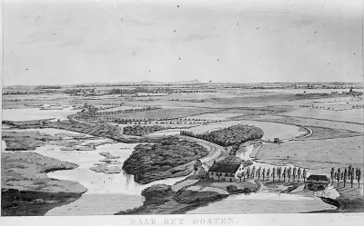 Een aquarel van Derk Anthony van de Wart (10-6-1767 - 8-4-1824): het gezicht vanaf de Belvédère op de Ooijpolder met de rechtsonder het Hollands Duits gemaal