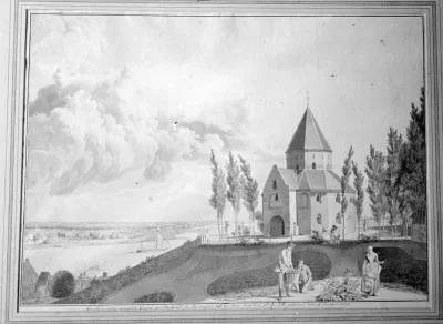 Een aquarel van Hendrik Hoogers (1747-1814) , voorstellende de St. Nicolaaskapel (de Karolingische Kapel) op het Valkhof , gezien vanuit het Westen