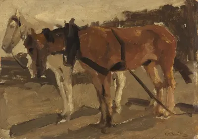 Een bruin en een wit paard te Scheveningen