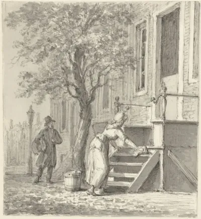 Een dienstmeid bezig een trap voor een huis schoon te maken
