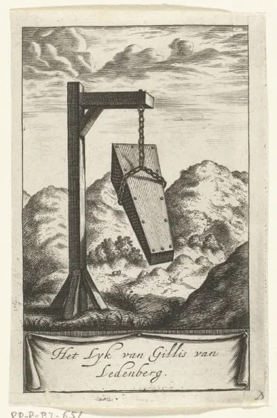 Een doodskist hangt aan een galg