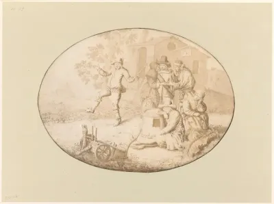 Een elegant paar bij een groep Roma