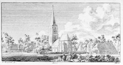 Een ets met bruin bijgewerkt van Hendrik Hoogers (1747-1814) , voorstellend de Petruskerk van Hees en omgeving