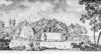 Een ets van Hendrik Hoogers (1747-1814) , voorstellend de kerk van Hatert en omgeving