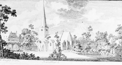 Een ets van Hendrik Hoogers (1747-1814) , voorstellend de St. Antoniuskerk (het witte kerkje) en omgeving.