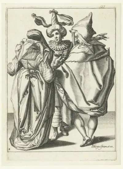 Een feestelijke geklede vrouw, een man in een cape en een gemaskerde jongeman die zijn linkerarm uitstrekt