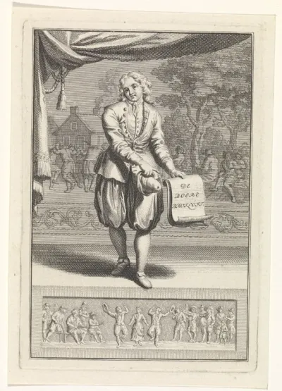 Een figuur op het toneel presenteert de titel van het toneelstuk