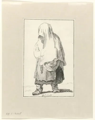 Een gesluierde vrouw met een rozenkrans in haar hand