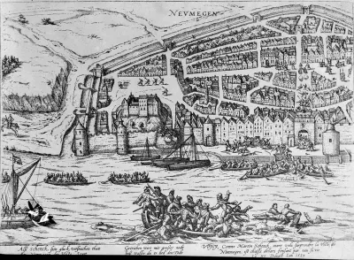 Een gravure m.b.t. de mislukte aanslag op Nijmegen, en de verdrinking van Maarten Schenck in de rivier de Waal, bij de Sint Anthonispoort.
