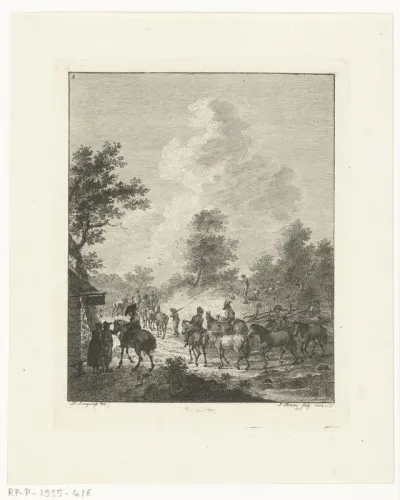 Een groep cavaleriepaarden bij een herberg
