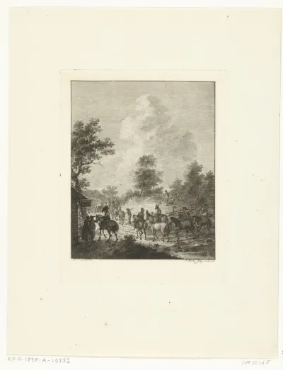 Een groep cavaleriepaarden bij een herberg