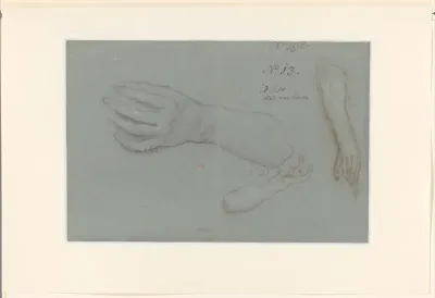 Een grote en twee kleine studies van een hand met onderarm
