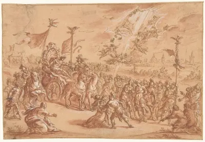 Een heilige bisschop knielt terzijde van de stoet van een Romeinse Imperator