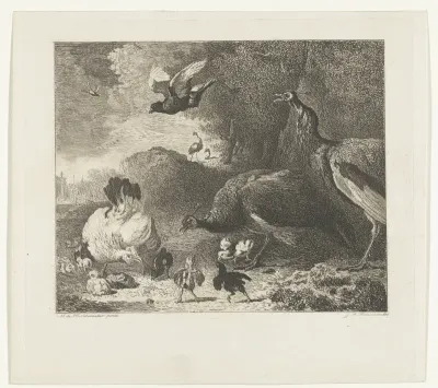 Een hen met kuikens bedreigd door twee pauwen, bekend als 'De bedreigde hen'