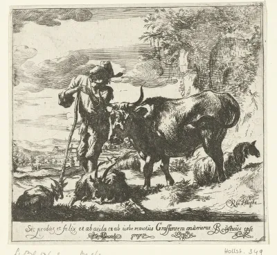 Een herder met een koe, twee geiten en een schaap