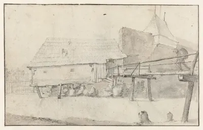 Een houten brug naar een huis boven een rivier
