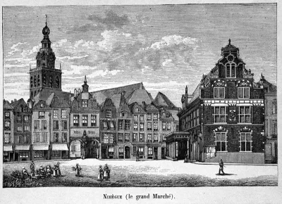 Een houtgravure van de westwand