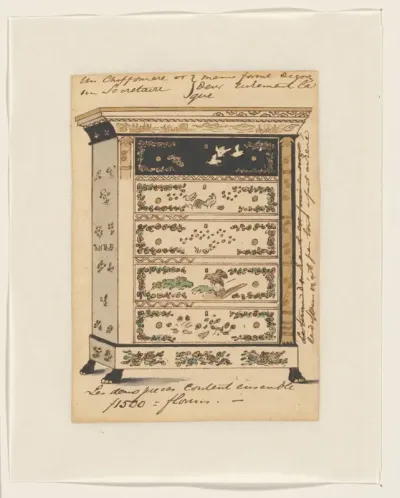 Een Japanse, met lakwerk versierde chiffonnière of secretaire