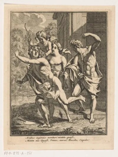 Een jonge man vlucht voor Bacchus, Venus en Amor