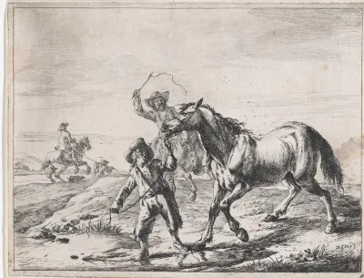 Een jongen leidt een paard naar het water