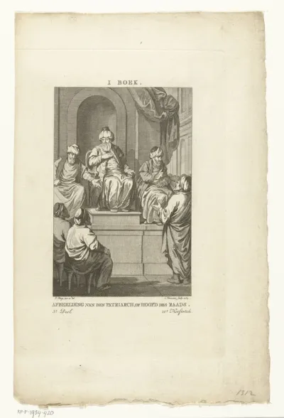 Een Joodse Patriarch zit op een troon en spreekt tot zijn volk