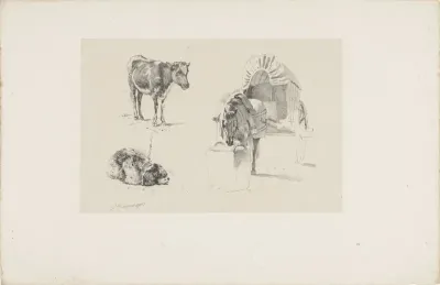 Een kalf, hond en paard met wagen